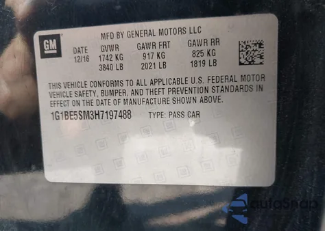 2017 Chevrolet Cruze Lt Auto z USA, uszkodzony, nr VIN 1G1BE5SM3H7197488